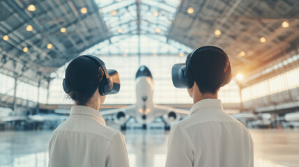 pair of aeronautical engineers wearing VR headsets in aircraft hangar, engaged in virtual simulations. scene captures innovative spirit of aviation technology