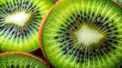 A Close-Up View of Sliced Kiwi Fruit, Revealing the Intricate Pattern of its Skin and Seeds, a Symphony of Green and Brown Hues