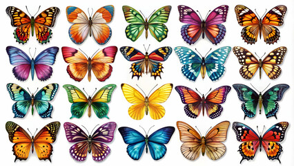 Butterflies in various colors and patterns isolated on a white background, perfect for nature-themed designs and educational materials.