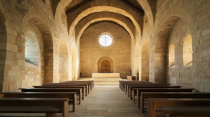 Obraz premium A Romanesque church with thick stone walls, round arches, and small, high windows. The simplicity and solidity of the design create a sense of strength and endurance.