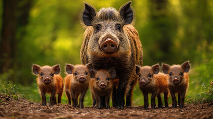 A wild boar mother and a group of her babies standing in the forest and looking at the camera