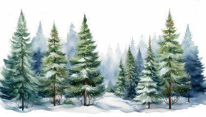 Fototapeta premium Watercolor winter coniferous trees forest. Serene snowy scene, landscape with snow covered pines