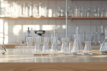 Laboratory Glassware: Beaker and Flask on a Wooden Table