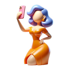 3D stylized plastic figure faceless woman in  bright clothes  with mobile phone who takes selfie isolated on PNG background.