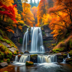 Fototapeta premium scenic view of waterfall in forest during autumn