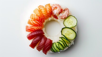 Sushi Ring with Salmon, Tuna, Shrimp and Cucumber.