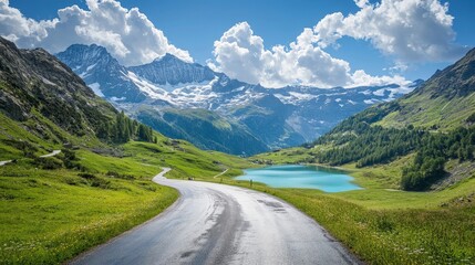 Naklejka premium A scenic road trip through the Swiss Alps, with winding roads cutting through towering snow-capped mountains. Crystal-clear lakes and lush green valleys stretch far below