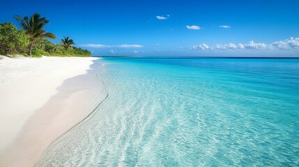 A serene beach with crystal clear turquoise waters gently lapping at the white sand. A few scattered palm trees provide shade, and the horizon stretches endlessly under a bright blue sky