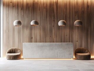 2408 54.A conceptual reception interior rendered in 3D, featuring a minimalist concrete desk, large wooden paneling, and plush seating areas. The space is well-lit with modern pendant lights,