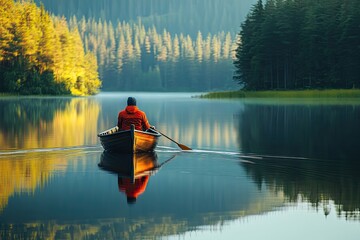 A man rows a boat on a tranquil lake. This image depicts solitude and tranquility in nature, perfect for travel or relaxation themes.