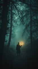 A person holding a flickering lantern surrounded by an ominous and foreboding atmosphere