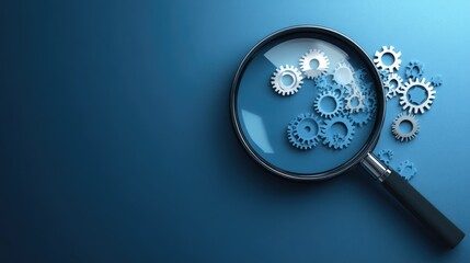 Magnifying glass and gears on blue background representing seo audit and analysis