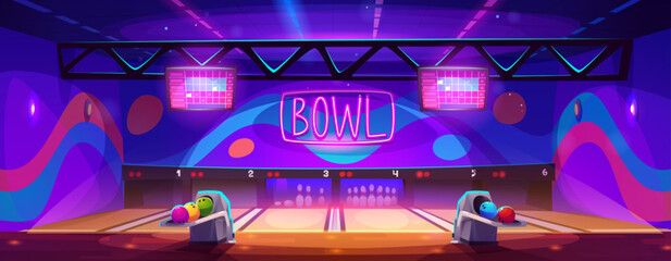 Empty bowling center interior with alley and pins, colorful bowl balls in return mechanism, scoreboard screens and neon glow sign. Cartoon vector illustration of indoor active team game club.