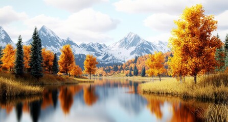 Fototapeta premium Autumn Landscape with Mountains and Lake