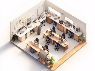 2408 62.A 3D-rendered isometric view of a modern office area, including a managerâ€™s room with a large desk and organized workspace. The open office space features multiple workstations, ergonomic