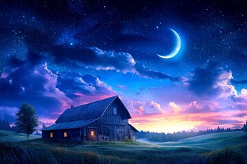 Serene Barn Under a Starry Night Sky