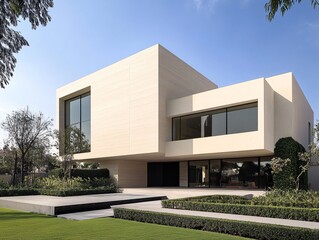 Fototapeta premium 2408 21.A modern two-story luxury house with a minimalist design, featuring sharp angles and large windows. The facade is sleek with light-colored materials, and the house is set in a quiet