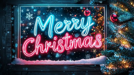 Fototapeta premium Brightly Colored Merry Christmas Display in Snowy Setting