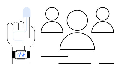 Hand wearing a health-monitoring device and three abstract human figures. Ideal for wearable technology, health monitoring, social networking, medical technology, minimalistic design