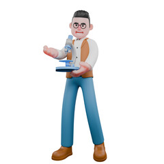 Professional Male Anthropologist in 3D. A male anthropologist is standing while carrying a microscope. Social Patterns Analyst