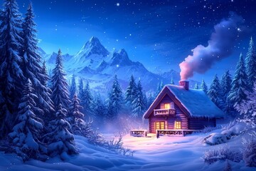 Naklejka premium Cozy Cabin in Snowy Wilderness at Night