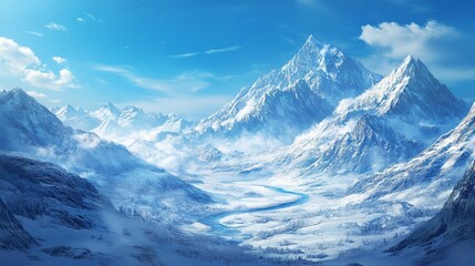 A snow-covered mountain range under a bright blue sky, with the peaks glistening in the sunlight. A peaceful valley lies below, with a winding river cutting through the snowy landscape
