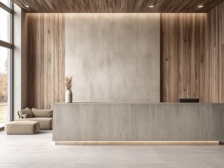 2408 75.A 3D rendering of a spa reception area, featuring a minimalist concrete desk, wooden wall accents, and comfortable couches. The space is bright and airy, with well-placed lighting and modern