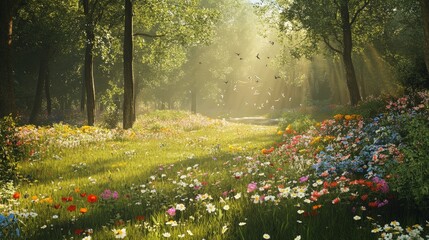 A sunlit meadow with wildflowers blooming in every color, bordered by tall trees. Birds fly overhead, and the gentle sound of a stream flowing nearby adds to the serene atmosphere