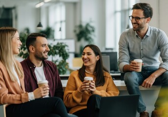 Colleagues enjoying coffee break in modern office environment