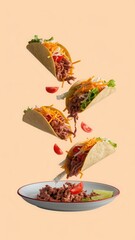 Graphic representation of three floating tacos with traditional Mexican ingredients