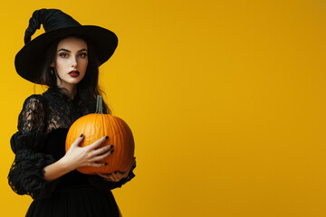 Enchanting witch with pumpkin on yellow backdrop
