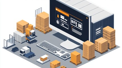 Obraz premium Warehouse Inventory Management On Computer, Generative AI