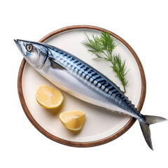 Fresh mackerel fish with lemon slices and herbs, white isolated background transparent