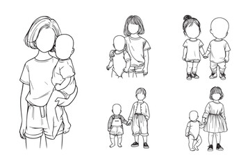 Black and white line art of siblings in a happy moment