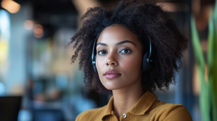Worried African American businesswoman in office uses headset, Generative AI