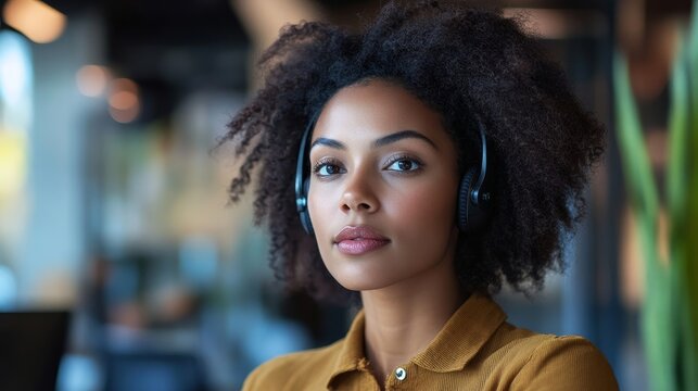 Worried African American businesswoman in office uses headset, Generative AI