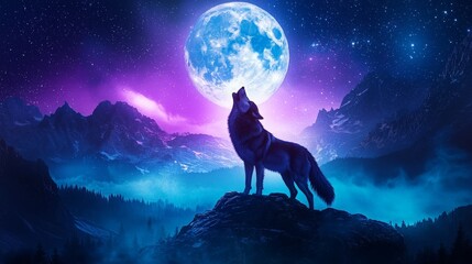 Fototapeta premium Howling Wolf Silhouette Under Full Moon