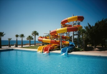 Colorful waterslide and pool against a beachside palm tree backdrop