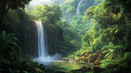 A tropical rainforest adventure in Costa Rica, with vibrant wildlife, towering trees, and cascading waterfalls. The sound of birds and rushing water fills the air as you explore the jungle.