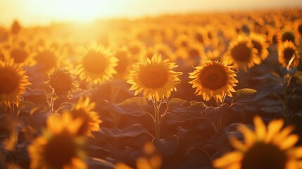 A vast open field of sunflowers, all facing toward the rising sun. The golden flowers stretch into the horizon, their bright faces glowing in the early morning light.