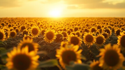 A vast open field of sunflowers, all facing toward the rising sun. The golden flowers stretch into the horizon, their bright faces glowing in the early morning light.