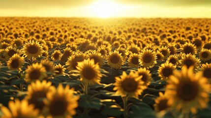 A vast open field of sunflowers, all facing toward the rising sun. The golden flowers stretch into the horizon, their bright faces glowing in the early morning light.