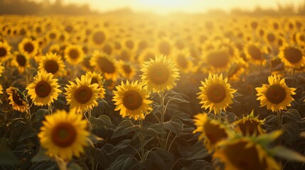 A vast open field of sunflowers, all facing toward the rising sun. The golden flowers stretch into the horizon, their bright faces glowing in the early morning light.