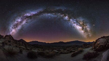 A vast, starry night sky above a rocky desert landscape, with distant mountains silhouetted against the horizon. The Milky Way stretches across the sky in a stunning display of light.