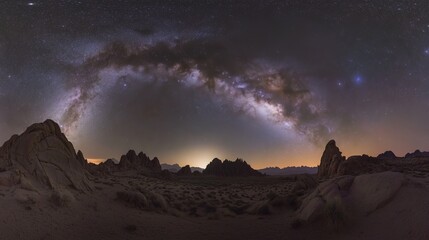 A vast, starry night sky above a rocky desert landscape, with distant mountains silhouetted against the horizon. The Milky Way stretches across the sky in a stunning display of light.