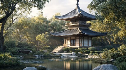 A traditional Japanese pagoda with tiered roofs and intricate wooden details. The structure stands gracefully amidst a Zen garden, embodying the harmony between architecture and nature.