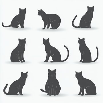 Nine black cat silhouettes in various poses.