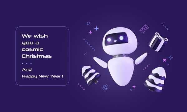 New Year banner with 3D chat bot, snowy trees and goft box floating with graphic linear confetti. Futuristic greeting Christmas card with network robotic character. Future vector illustration.