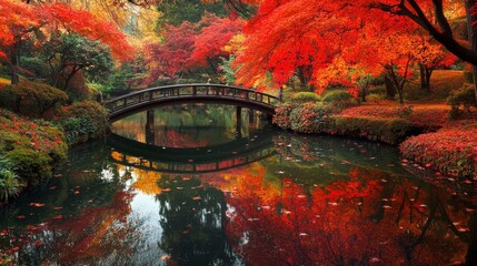 A tranquil Japanese garden in autumn, with maple trees shedding their vibrant red and orange leaves. A small pond reflects the scene, and a wooden bridge arches gracefully over it.