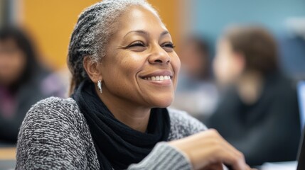 Fototapeta premium Senior Black woman using a computer in a class, clean and minimalistic image focusing on her joyful expression.